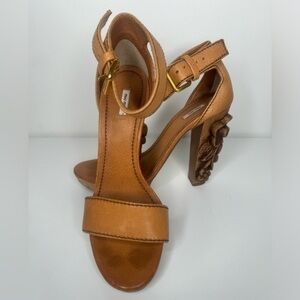 Miu Miu Brown Leather Floral Carved Wooden Heel Sandals - Size 38.5